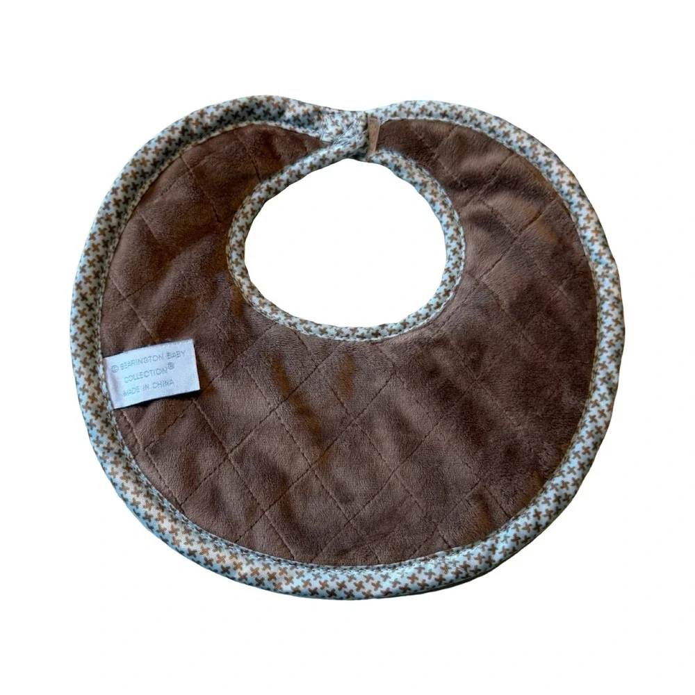 Bearington Baby Collection Quilted Plush Puppy Dog Bib Blue Brown Button Closure